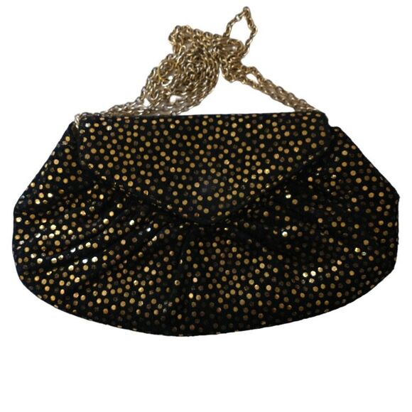 Lauren Merkin Suede Bag Black Gold Metallic Dots Chain Strap Evening Baguette. - Picture 7 of 16